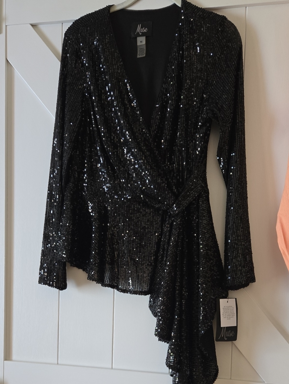 Muse Black Sequin Wrap Blouse with Dramatic Side Drape